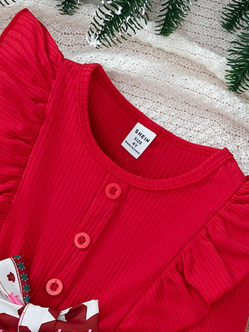 Girls Toddler Christmas Series Solid Color Round Neck Ruffle Trim Long Sleeve Knitted Top Patchwork Cute Santa Claus Pattern Full Skirt Dress, Spring/Autumn