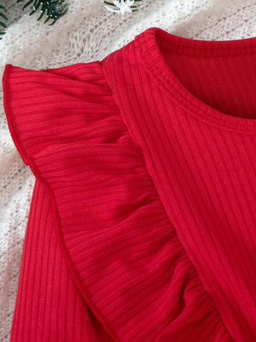 Girls Toddler Christmas Series Solid Color Round Neck Ruffle Trim Long Sleeve Knitted Top Patchwork Cute Santa Claus Pattern Full Skirt Dress, Spring/Autumn