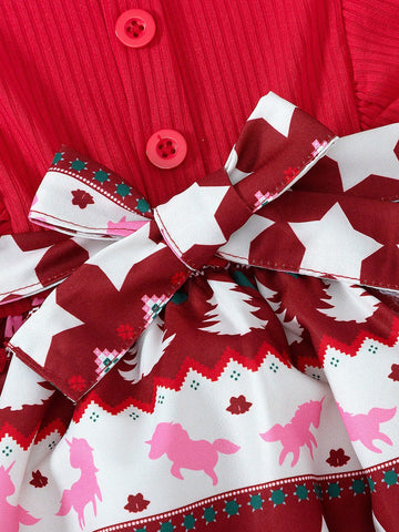 Girls Toddler Christmas Series Solid Color Round Neck Ruffle Trim Long Sleeve Knitted Top Patchwork Cute Santa Claus Pattern Full Skirt Dress, Spring/Autumn