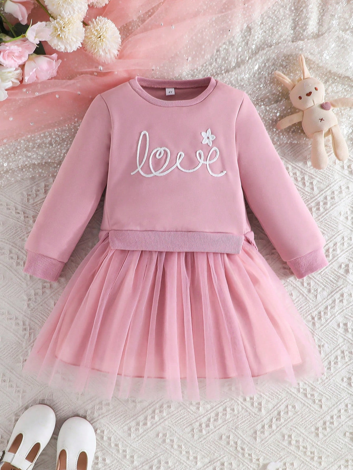 Girls Toddler Cotton Blouse With Letter & Floral Embroidery, Spliced With Princess Tulle Dress