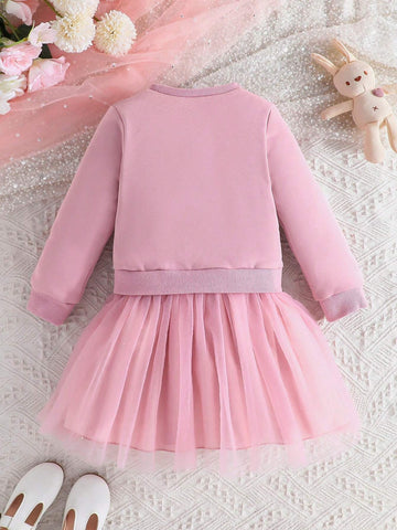 Girls Toddler Cotton Blouse With Letter & Floral Embroidery, Spliced With Princess Tulle Dress