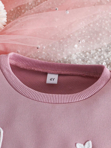 Girls Toddler Cotton Blouse With Letter & Floral Embroidery, Spliced With Princess Tulle Dress