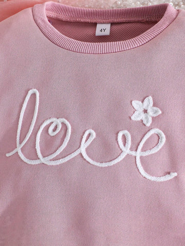Girls Toddler Cotton Blouse With Letter & Floral Embroidery, Spliced With Princess Tulle Dress
