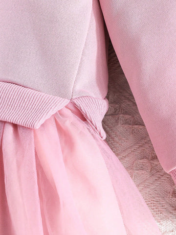 Girls Toddler Cotton Blouse With Letter & Floral Embroidery, Spliced With Princess Tulle Dress