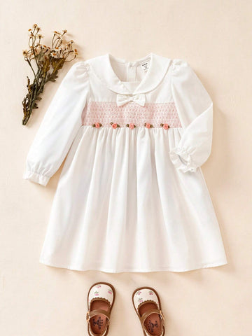 Girls Toddler Cute Peter Pan Collar Bow Flower Print Long Sleeve Dress, Suitable For Outings, Parties And Events In Spring/Autumn