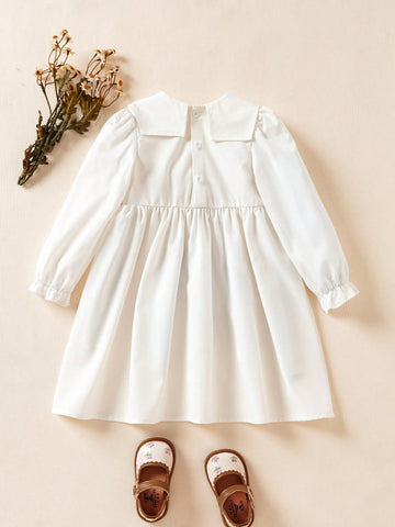 Girls Toddler Cute Peter Pan Collar Bow Flower Print Long Sleeve Dress, Suitable For Outings, Parties And Events In Spring/Autumn