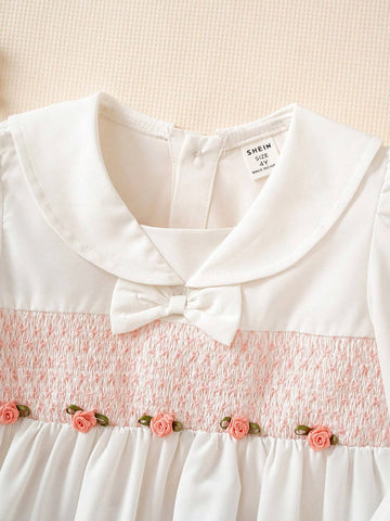 Girls Toddler Cute Peter Pan Collar Bow Flower Print Long Sleeve Dress, Suitable For Outings, Parties And Events In Spring/Autumn