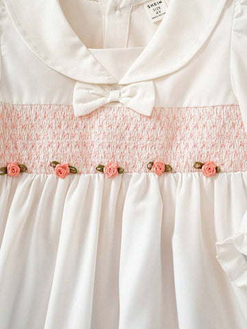 Girls Toddler Cute Peter Pan Collar Bow Flower Print Long Sleeve Dress, Suitable For Outings, Parties And Events In Spring/Autumn