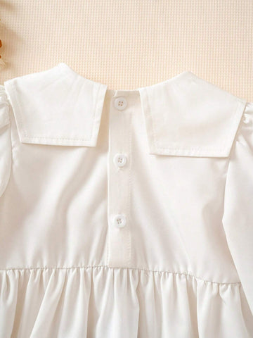 Girls Toddler Cute Peter Pan Collar Bow Flower Print Long Sleeve Dress, Suitable For Outings, Parties And Events In Spring/Autumn