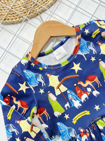 Girls (Toddler) Digital Print Cartoon Long Sleeve Casual Dress For Christmas