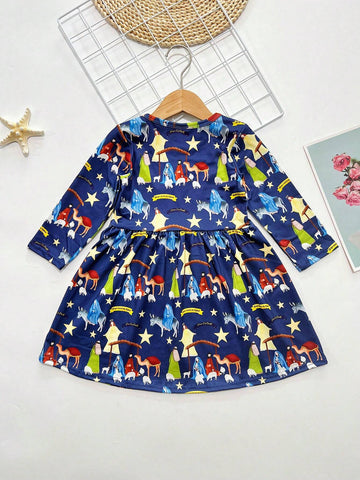 Girls (Toddler) Digital Print Cartoon Long Sleeve Casual Dress For Christmas