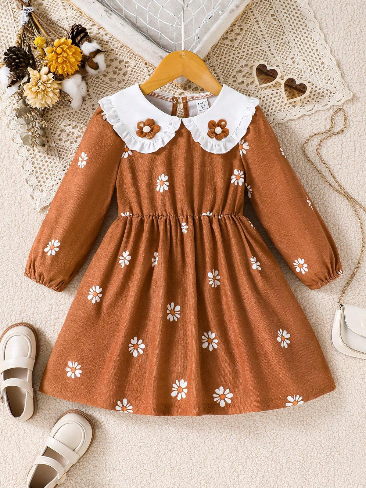 Girls Toddler Long Sleeve Peter Pan Collar Puff Sleeve Floral Decor Printed Top, Suitable For Spring & Autumn