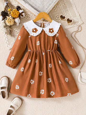 Girls Toddler Long Sleeve Peter Pan Collar Puff Sleeve Floral Decor Printed Top, Suitable For Spring & Autumn