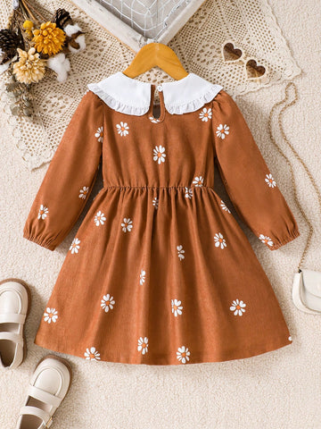 Girls Toddler Long Sleeve Peter Pan Collar Puff Sleeve Floral Decor Printed Top, Suitable For Spring & Autumn