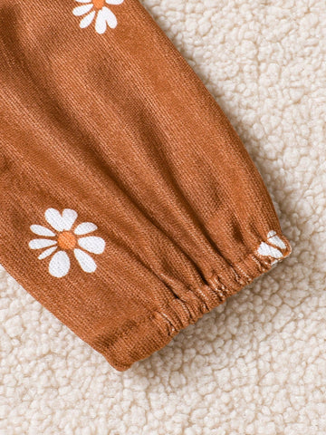 Girls Toddler Long Sleeve Peter Pan Collar Puff Sleeve Floral Decor Printed Top, Suitable For Spring & Autumn