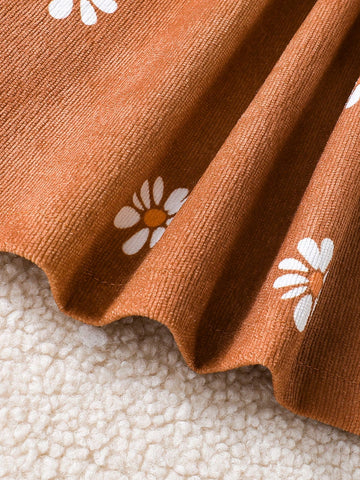 Girls Toddler Long Sleeve Peter Pan Collar Puff Sleeve Floral Decor Printed Top, Suitable For Spring & Autumn