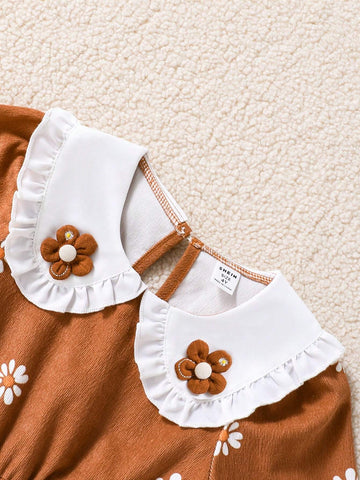 Girls Toddler Long Sleeve Peter Pan Collar Puff Sleeve Floral Decor Printed Top, Suitable For Spring & Autumn