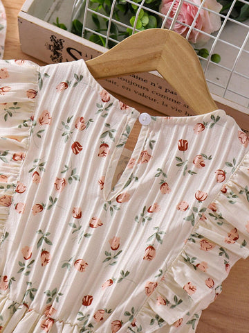 Girls (Toddler) Round Neck Ruffle Hem Sleeveless Vacation Dress