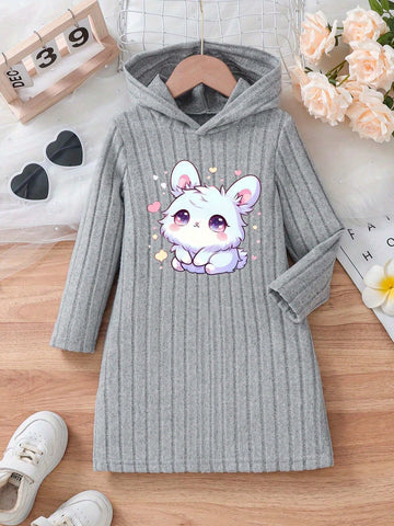 Girls Toddler Spring/Autumn Cute Bunny Graphic Ribbed Velvet Hooded Dress