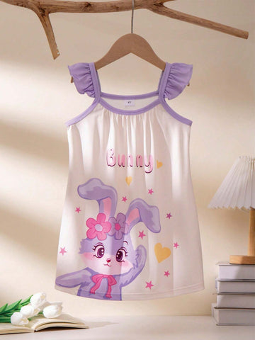 Girls' Trendy Cartoon Rabbit, Bowknot, Letter, Heart And Flower Printed Sleeveless Dress