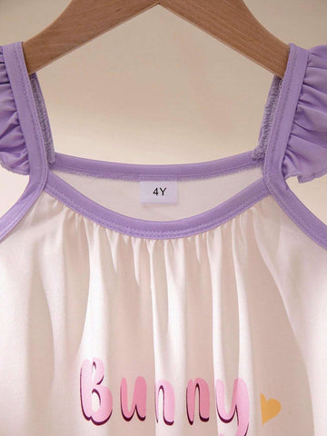 Girls' Trendy Cartoon Rabbit, Bowknot, Letter, Heart And Flower Printed Sleeveless Dress