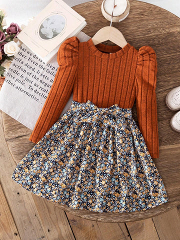Girls' Trendy Casual Puff Sleeve Printed Long Dress + Matching Printed Belt