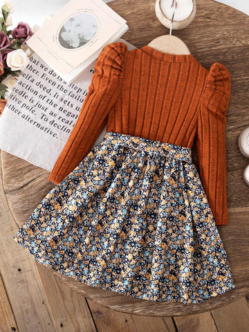 Girls' Trendy Casual Puff Sleeve Printed Long Dress + Matching Printed Belt