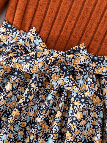 Girls' Trendy Casual Puff Sleeve Printed Long Dress + Matching Printed Belt
