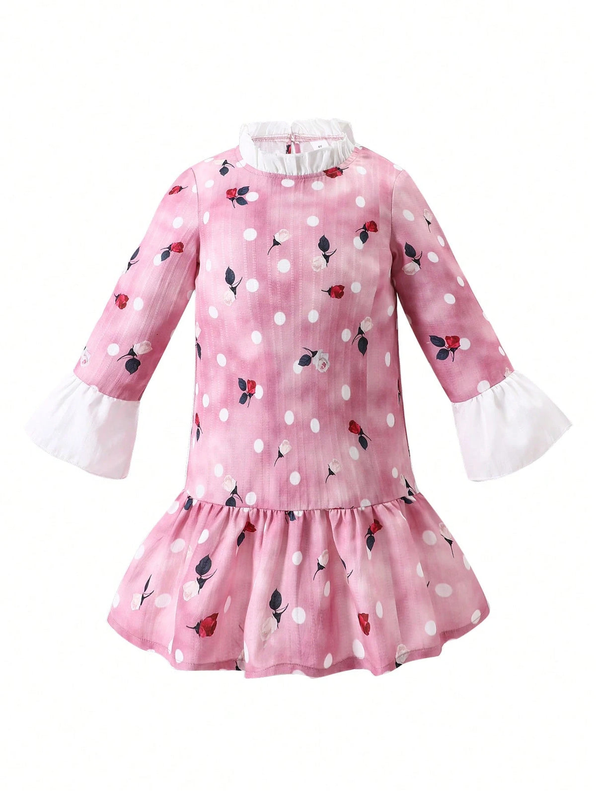 Girls Trendy Fashion Pink Ruffle Sleeve Floral Dot Print Round Neck Long Sleeve Dress