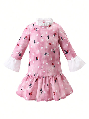 Girls Trendy Fashion Pink Ruffle Sleeve Floral Dot Print Round Neck Long Sleeve Dress