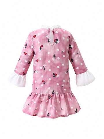 Girls Trendy Fashion Pink Ruffle Sleeve Floral Dot Print Round Neck Long Sleeve Dress