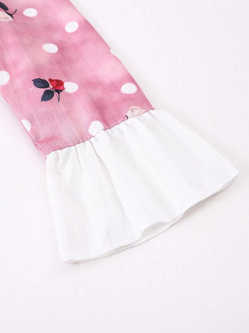 Girls Trendy Fashion Pink Ruffle Sleeve Floral Dot Print Round Neck Long Sleeve Dress
