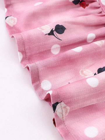 Girls Trendy Fashion Pink Ruffle Sleeve Floral Dot Print Round Neck Long Sleeve Dress