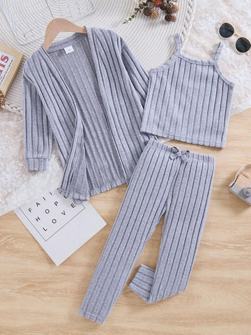 Girls Trendy Grey Striped Tank Top Cardigan Jacket And Matching Grey Striped Pants Set