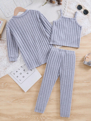 Girls Trendy Grey Striped Tank Top Cardigan Jacket And Matching Grey Striped Pants Set