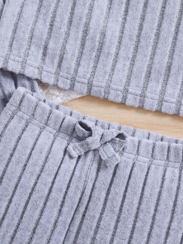 Girls Trendy Grey Striped Tank Top Cardigan Jacket And Matching Grey Striped Pants Set