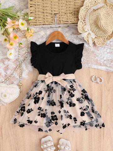 Girls Trendy Rosy Mesh Patchwork Cap Sleeve Fashion Dress, Summer