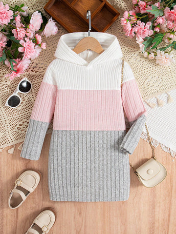 Girls Tri-Color Patchwork Fuzzy Rib Knit Hooded Dress