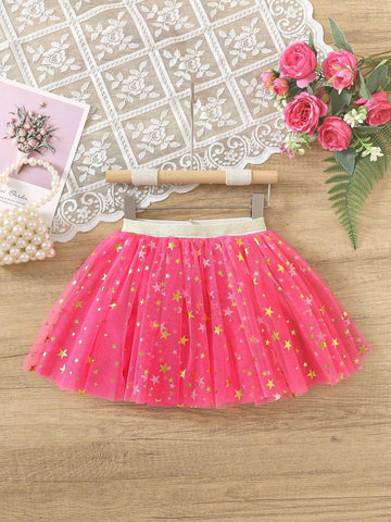Girls Tulle Tutu Skirt With Star Decor, Casual Versatile Puff Skirt, Toddler