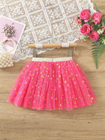 Girls Tulle Tutu Skirt With Star Decor, Casual Versatile Puff Skirt, Toddler