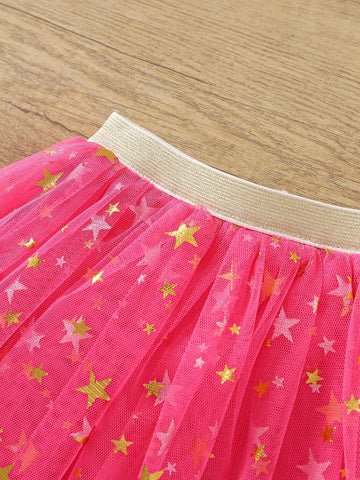 Girls Tulle Tutu Skirt With Star Decor, Casual Versatile Puff Skirt, Toddler