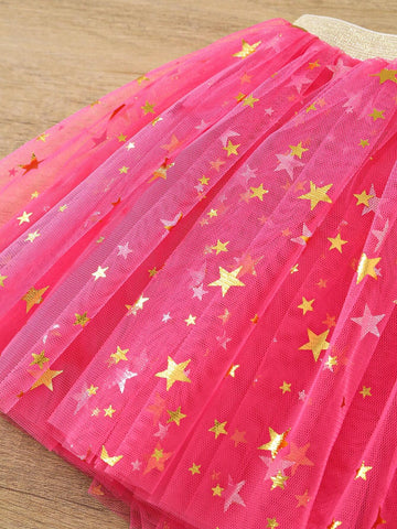 Girls Tulle Tutu Skirt With Star Decor, Casual Versatile Puff Skirt, Toddler