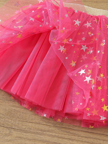 Girls Tulle Tutu Skirt With Star Decor, Casual Versatile Puff Skirt, Toddler