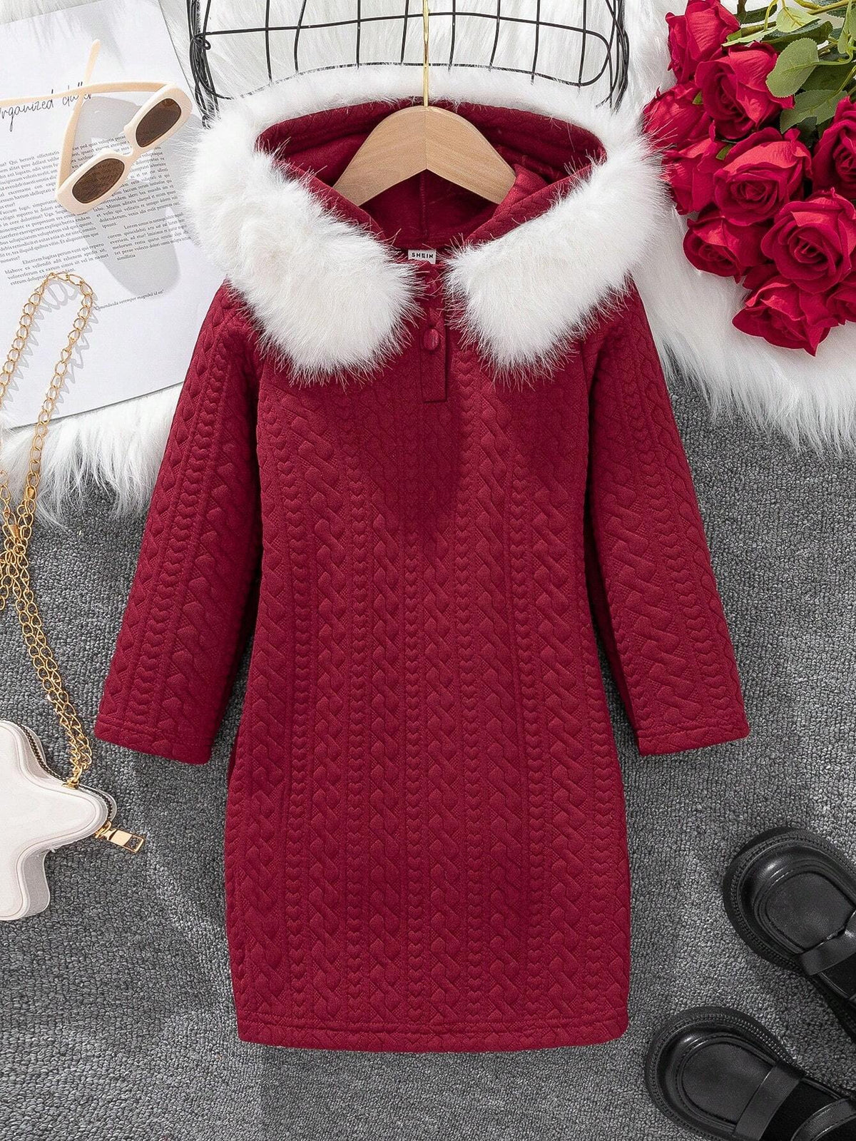 Girls Turtleneck Hooded Cable Knitted Plush A-Line Midi Dress, Elegant High-End Luxury Felt Trim Long Sleeve Bodycon Party Christmas Outfit, Autumn/Winter