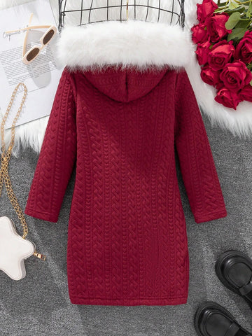Girls Turtleneck Hooded Cable Knitted Plush A-Line Midi Dress, Elegant High-End Luxury Felt Trim Long Sleeve Bodycon Party Christmas Outfit, Autumn/Winter