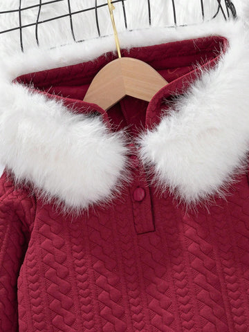 Girls Turtleneck Hooded Cable Knitted Plush A-Line Midi Dress, Elegant High-End Luxury Felt Trim Long Sleeve Bodycon Party Christmas Outfit, Autumn/Winter