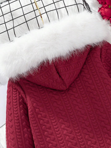 Girls Turtleneck Hooded Cable Knitted Plush A-Line Midi Dress, Elegant High-End Luxury Felt Trim Long Sleeve Bodycon Party Christmas Outfit, Autumn/Winter