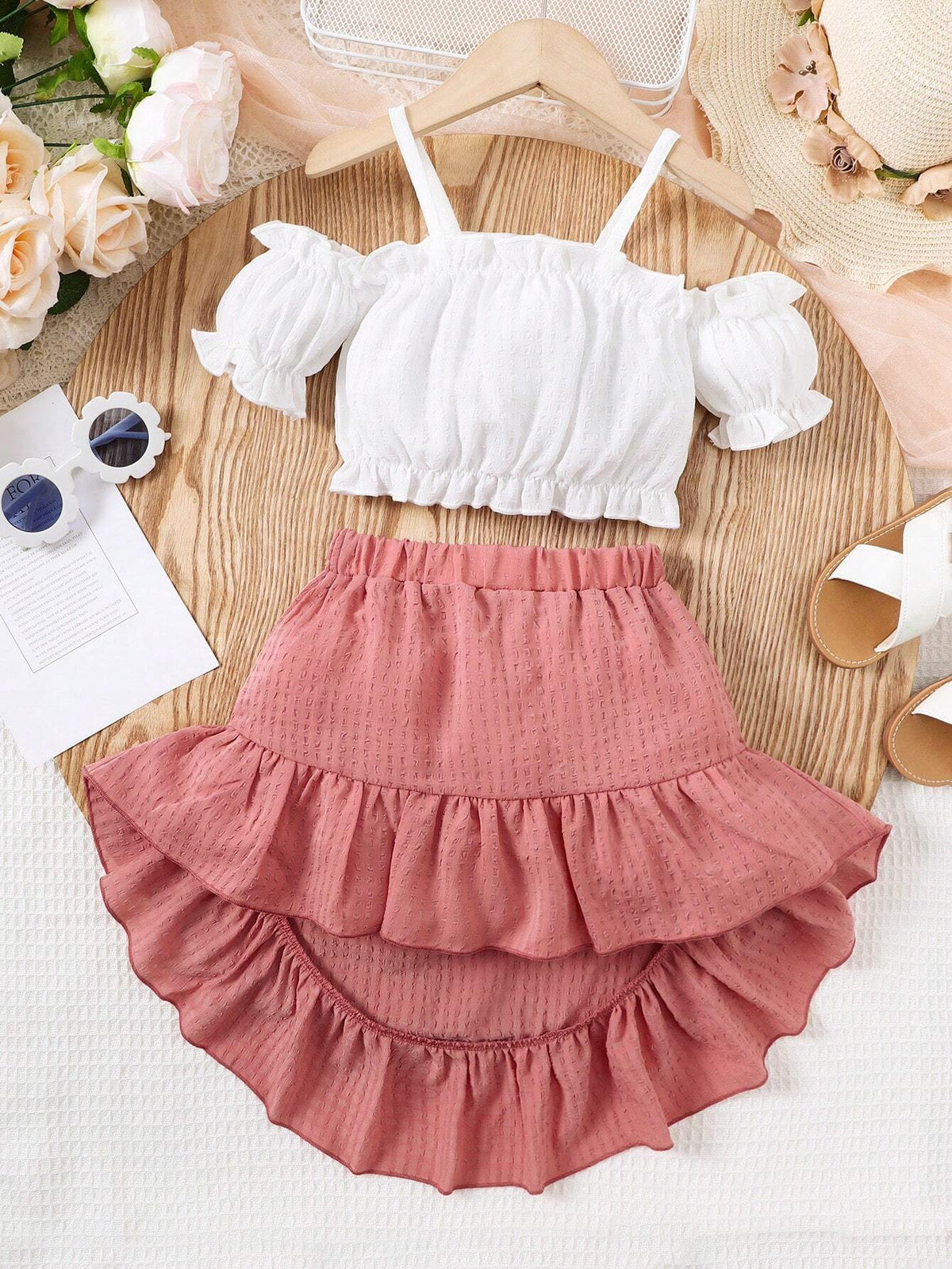 Girls" Two Piece Set: Spaghetti Strap Off-Shoulder Top + Mermaid Skirt Casual Trendy Outfit