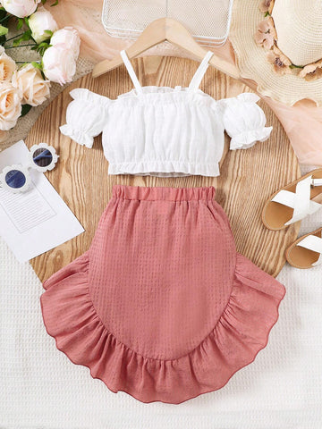 Girls" Two Piece Set: Spaghetti Strap Off-Shoulder Top + Mermaid Skirt Casual Trendy Outfit