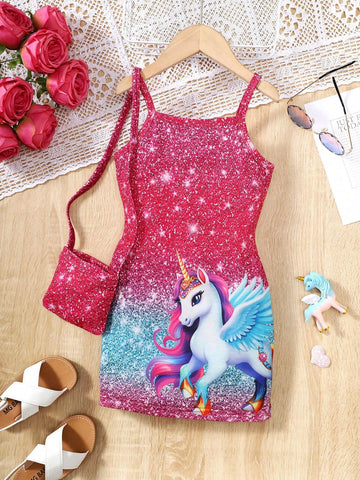 Girls' Unicorn Print Casual Sleeveless Dress, Summer Style With Breathable All-Over Print And Gift Of 1 Bag